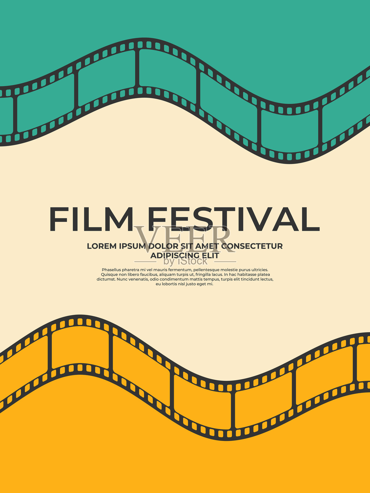 装饰有彩色波浪形胶卷条的电影节海报。复古风格的电影海报设计。矢量插图插画图片素材