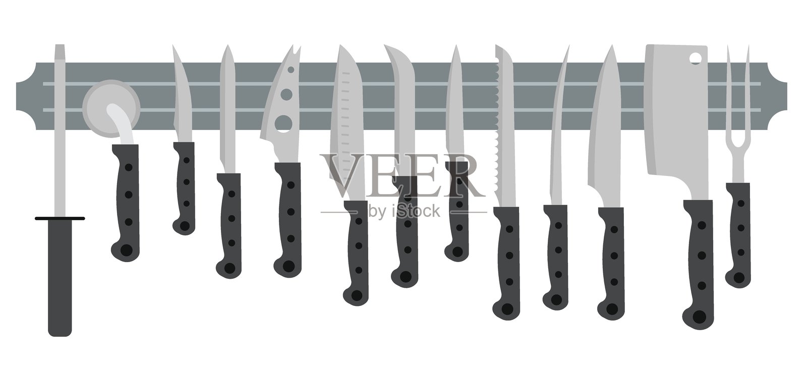 厨房刀具插图。平面设计的刀具，配有深色磁性手柄。厨房标志。插画图片素材