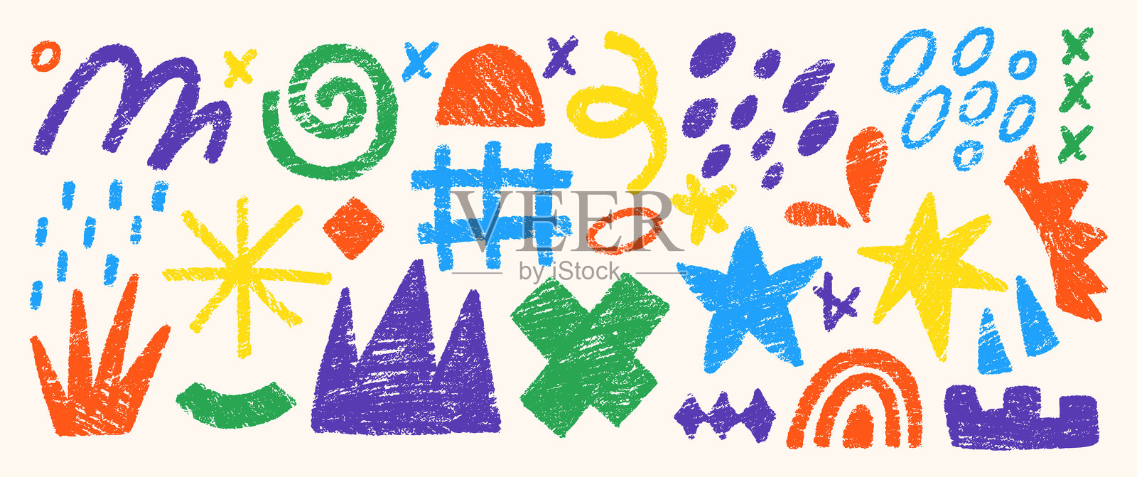 手绘蜡笔涂鸦，涂鸦线条，彩虹，网格和王冠。抽象的有趣形状和带有粉笔质感的箭头。多彩的儿童插图。插画图片素材