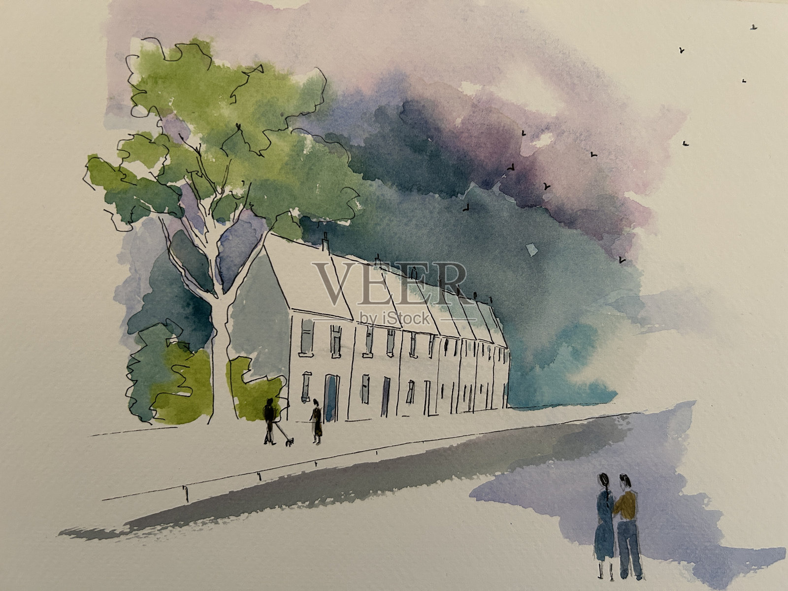 有鸟和人们的排屋街道插画图片素材