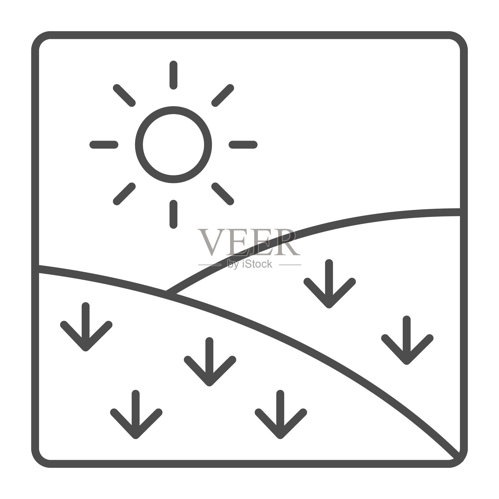风景画细线图标，自然艺术概念。矢量图形。白色背景上的画框标志，适用于移动或网页设计的轮廓风格图标。插画图片素材