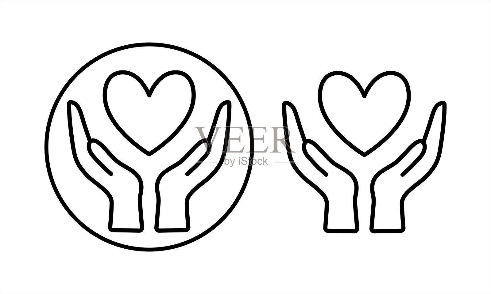 一组手中握着的心形图标。手握心形图标。一个爱心图标。健康和医学的象征。医疗手以扁平和线条风格握住心脏 - 矢量库存图像。插画图片素材