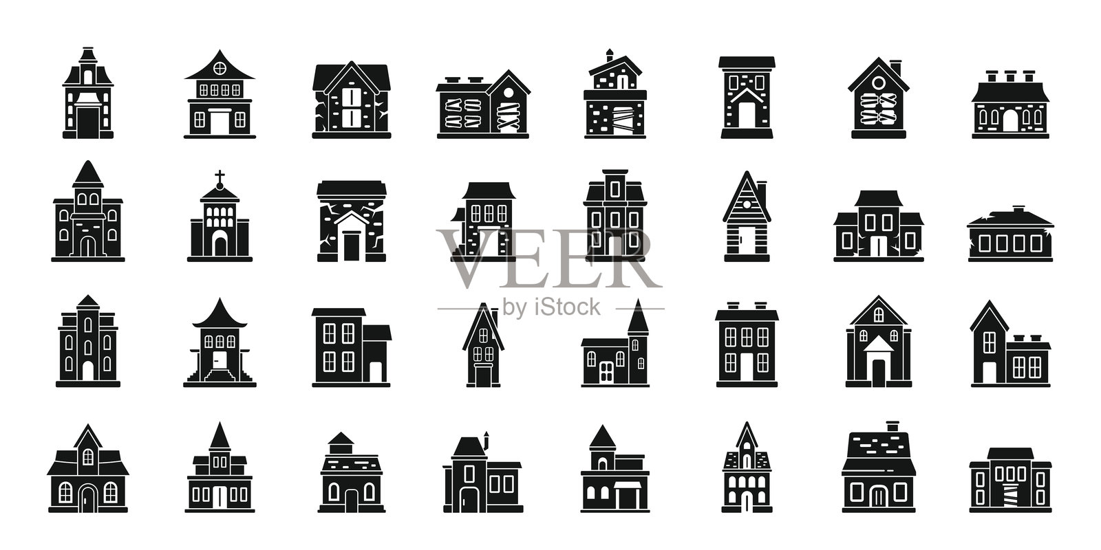 恐怖房屋图标集简单矢量。可怕的城堡插画图片素材