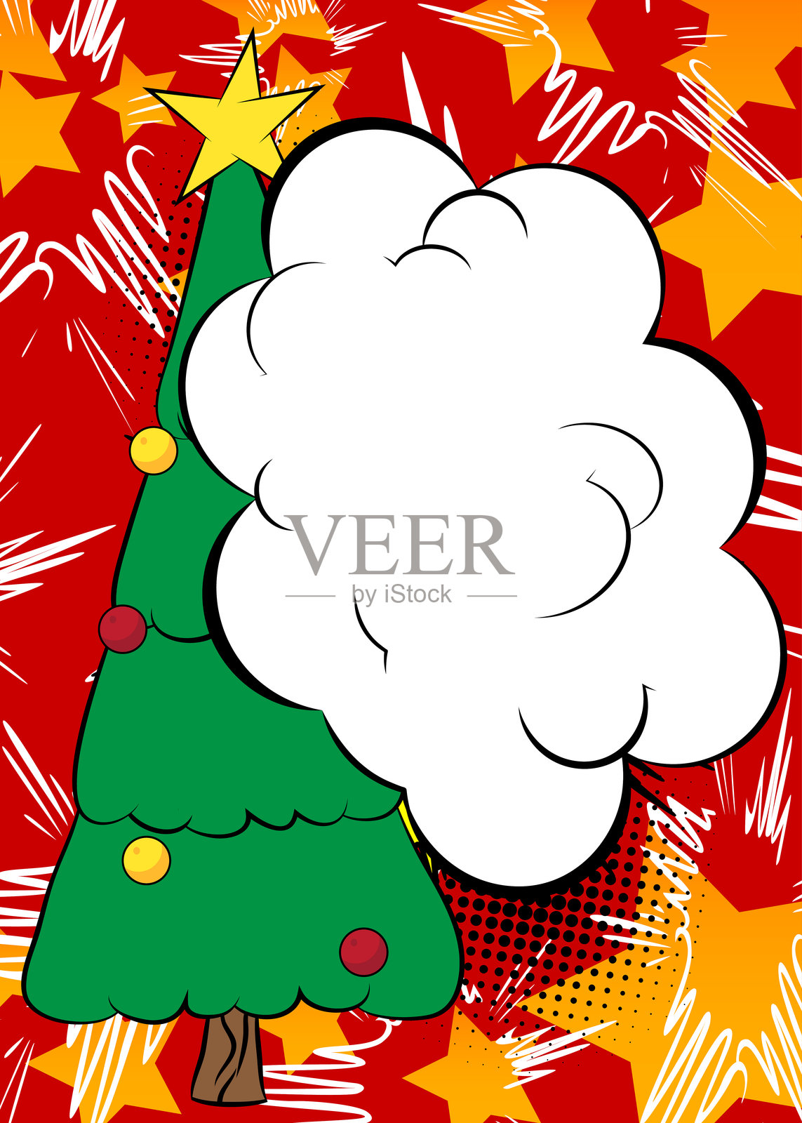 卡通圣诞装饰的松树，带有空白对话框，漫画书庆祝背景。复古矢量漫画流行艺术设计。插画图片素材