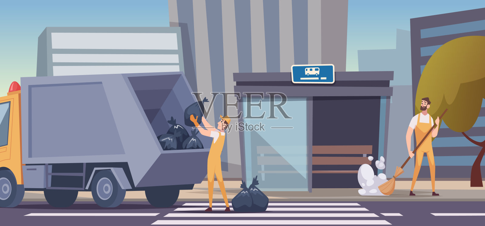 城市清洁工。在户外城市背景下，专业工人身穿制服正在清理道路上的垃圾。插画图片素材