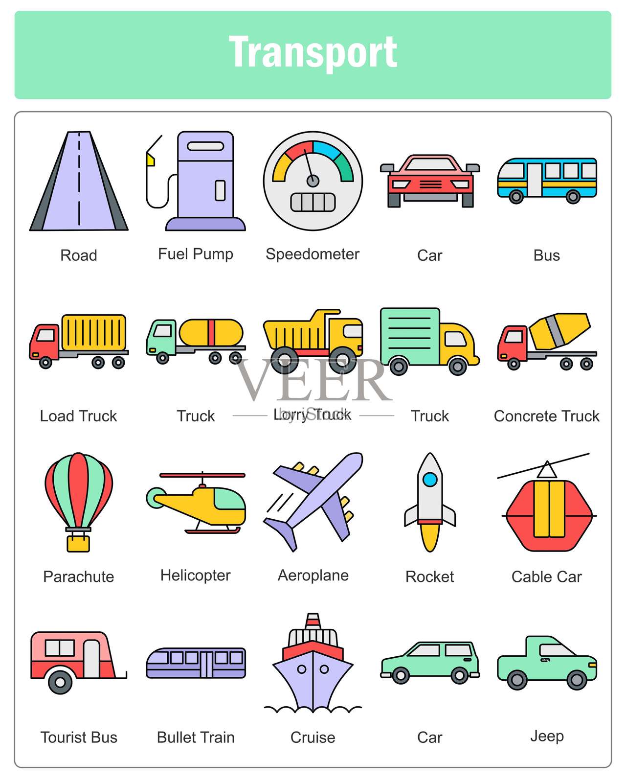 一组20个交通图标，包括道路、加油泵、速度计等。插画图片素材