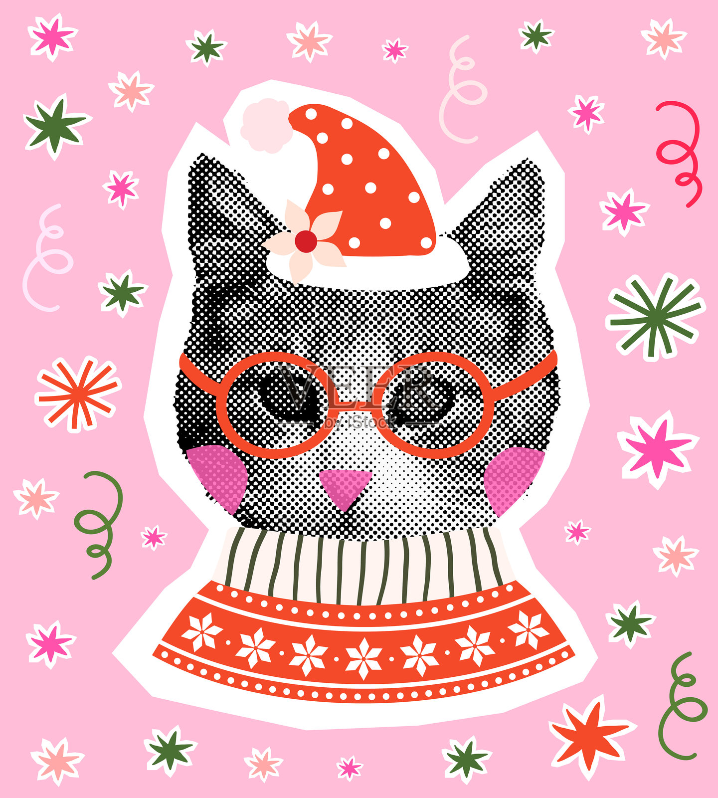 可爱的矢量小猫脸，戴着帽子和毛衣，适合用于海报和贺卡的有趣圣诞和冬季设计插画图片素材