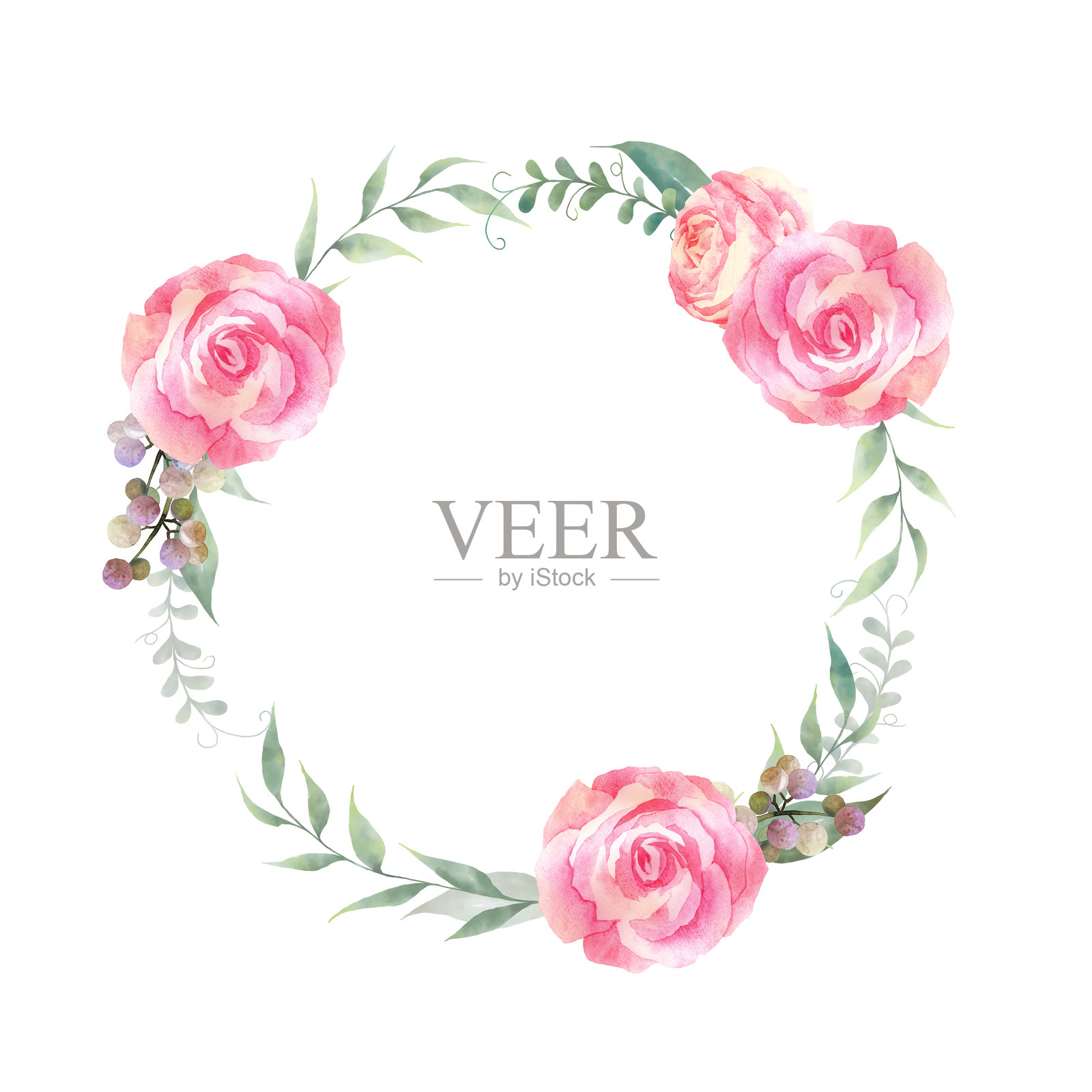 粉色玫瑰和叶子的水彩花卉圆形花环框架插画图片素材