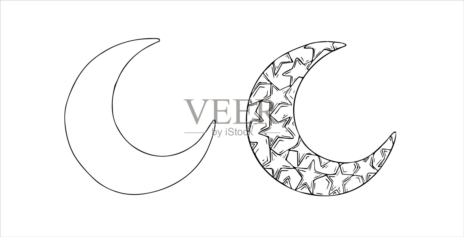 伊斯兰阿拉伯新月矢量图集。图形插图包含清真寺和塔楼，背景为白色。穆斯林手绘线条草图，适用于2025年斋月或古尔邦节。适合设计师、印刷品、明信片、包装纸、节日和封面使用。插画图片素材