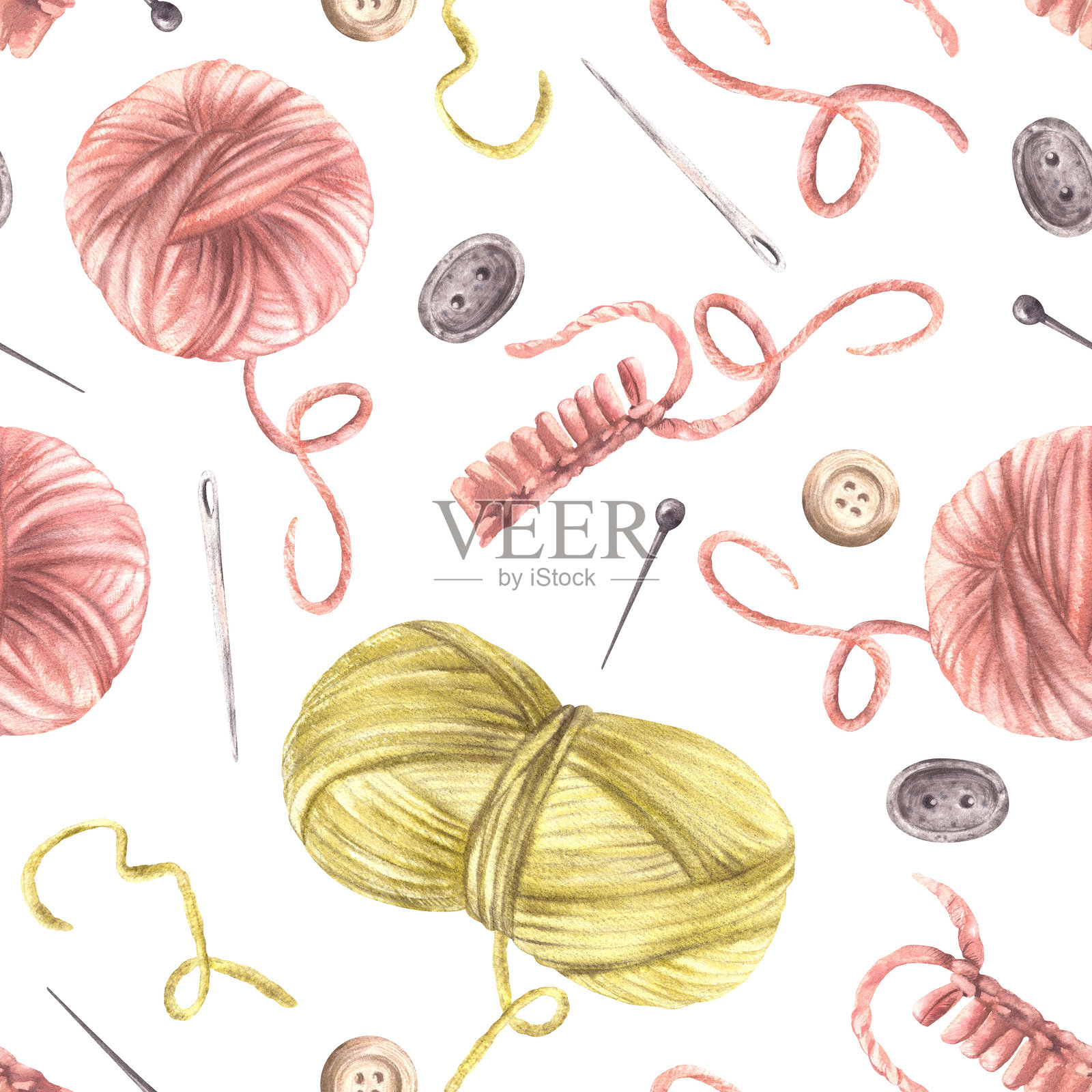 编织、针线活无缝图案。毛线团、针、纽扣。水彩插图插画图片素材