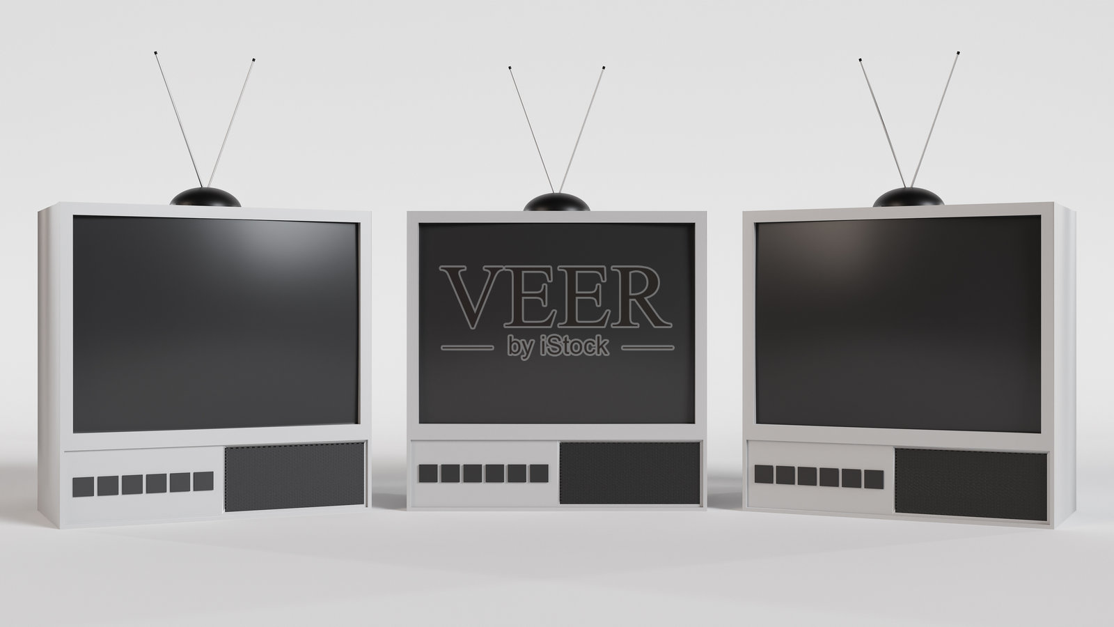 三台灰色复古电视机排成一排，带有天线和黑色屏幕照片摄影图片