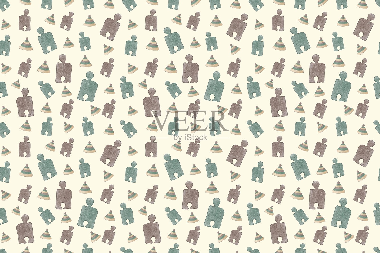 无缝拼图图案。手绘插图。儿童水彩无缝背景。适用于儿童纺织品或壁纸的印刷。插画图片素材