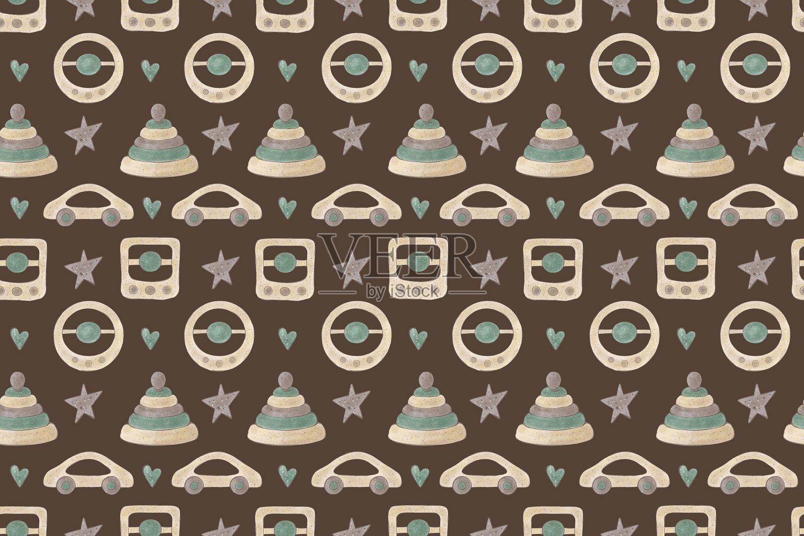 无缝图案，包含幼儿木制玩具。手绘插图，包括婴儿车和摇铃。适合儿童的水彩无缝背景。可用于儿童纺织品或壁纸印刷。插画图片素材