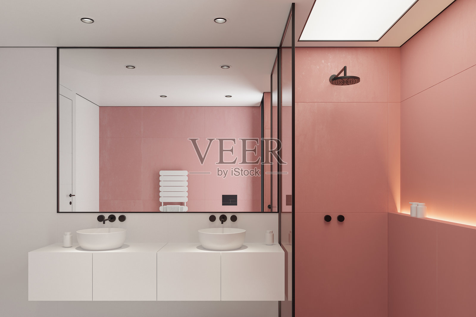 现代简约风格的白色浴室，配有淡红色石墙和黑色细节照片摄影图片