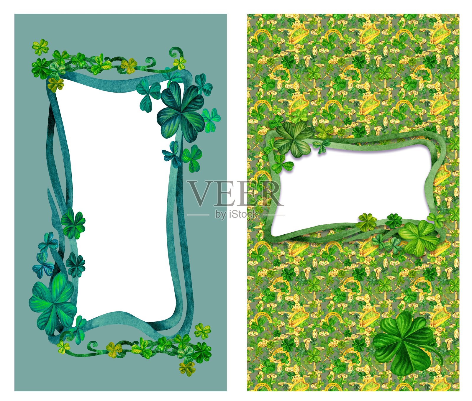 圣帕特里克节手机和网络邀请信息模板，水彩绿色幻想边框，四叶草象征好运，魔法游戏，童话故事，书名，剪贴簿设计。插画图片素材