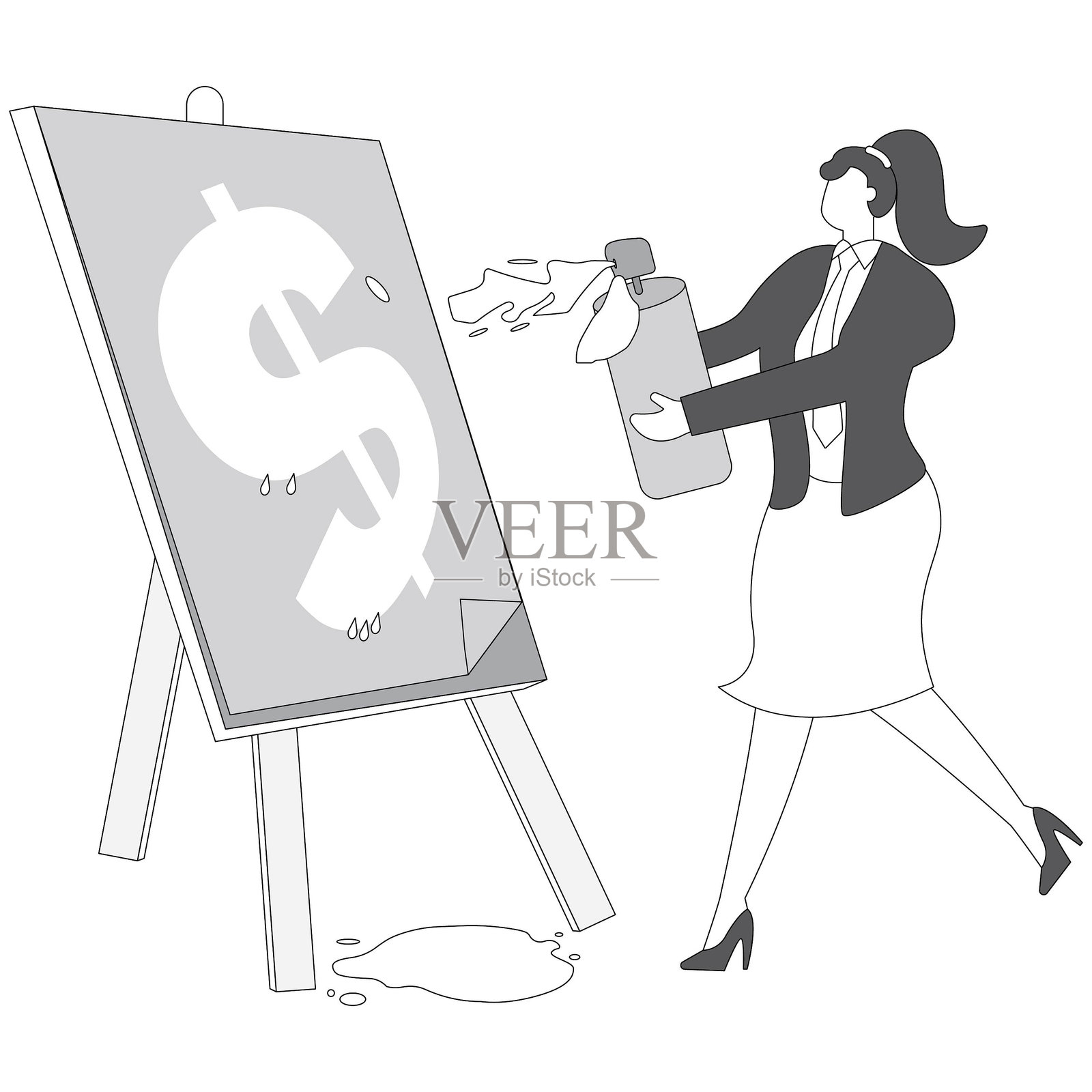 新的商业计划、抱负和追求，战略规划，定制目标，女商人用画笔在画板上画美元符号插画图片素材