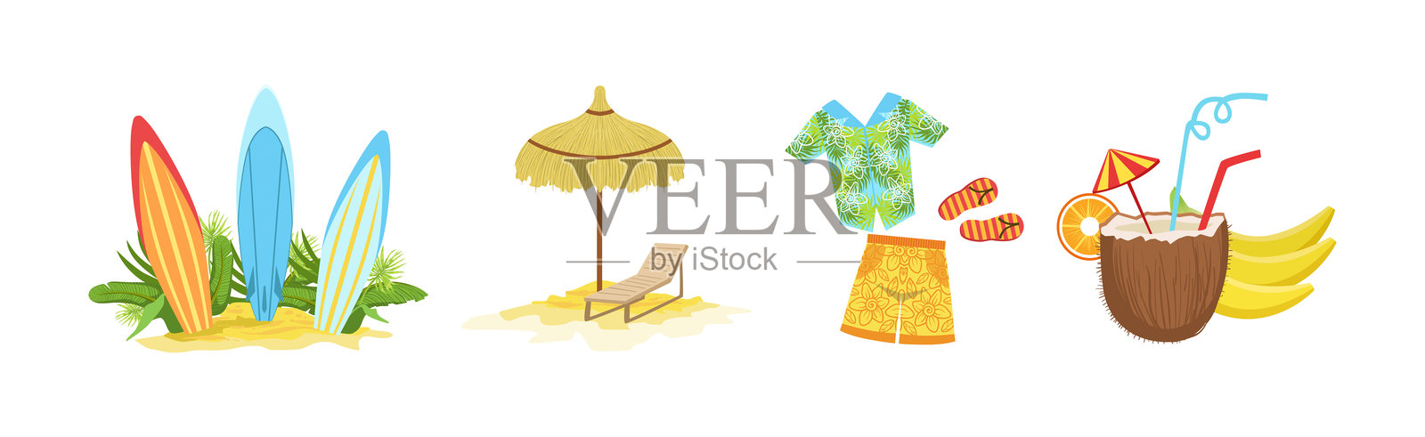夏威夷海滩度假村物品和物件矢量图集插画图片素材