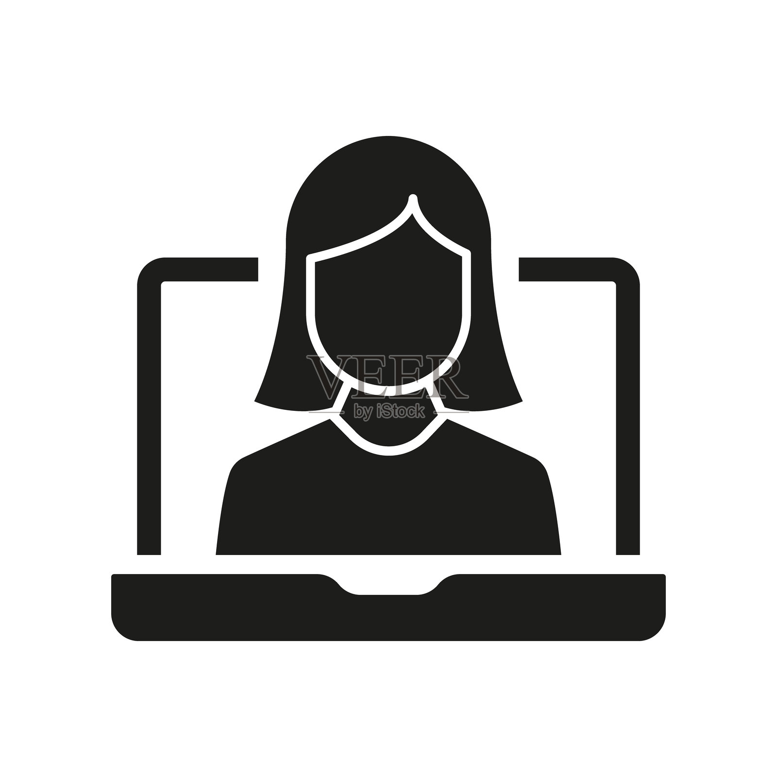 在线视频通话女性剪影图标，用于虚拟支持和沟通。在线视频会议图形符号。虚拟会议和远程沟通。孤立的矢量插图。插画图片素材