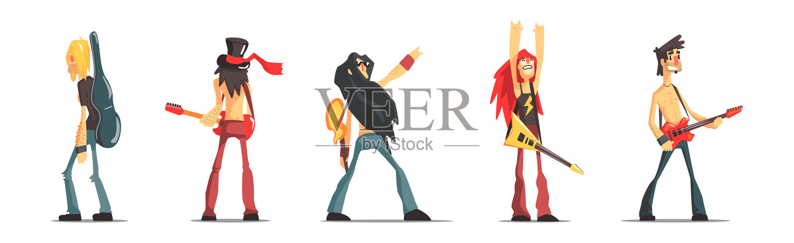 摇滚乐队男成员搞笑角色吉他矢量图集插画图片素材
