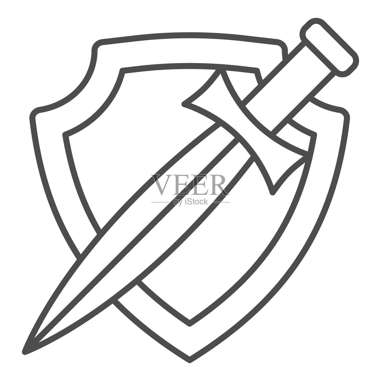 剑与盾的细线图标，代表中世纪文化概念。矢量图形。中世纪战斗工具标志，适用于移动或网页设计的轮廓风格图标。插画图片素材