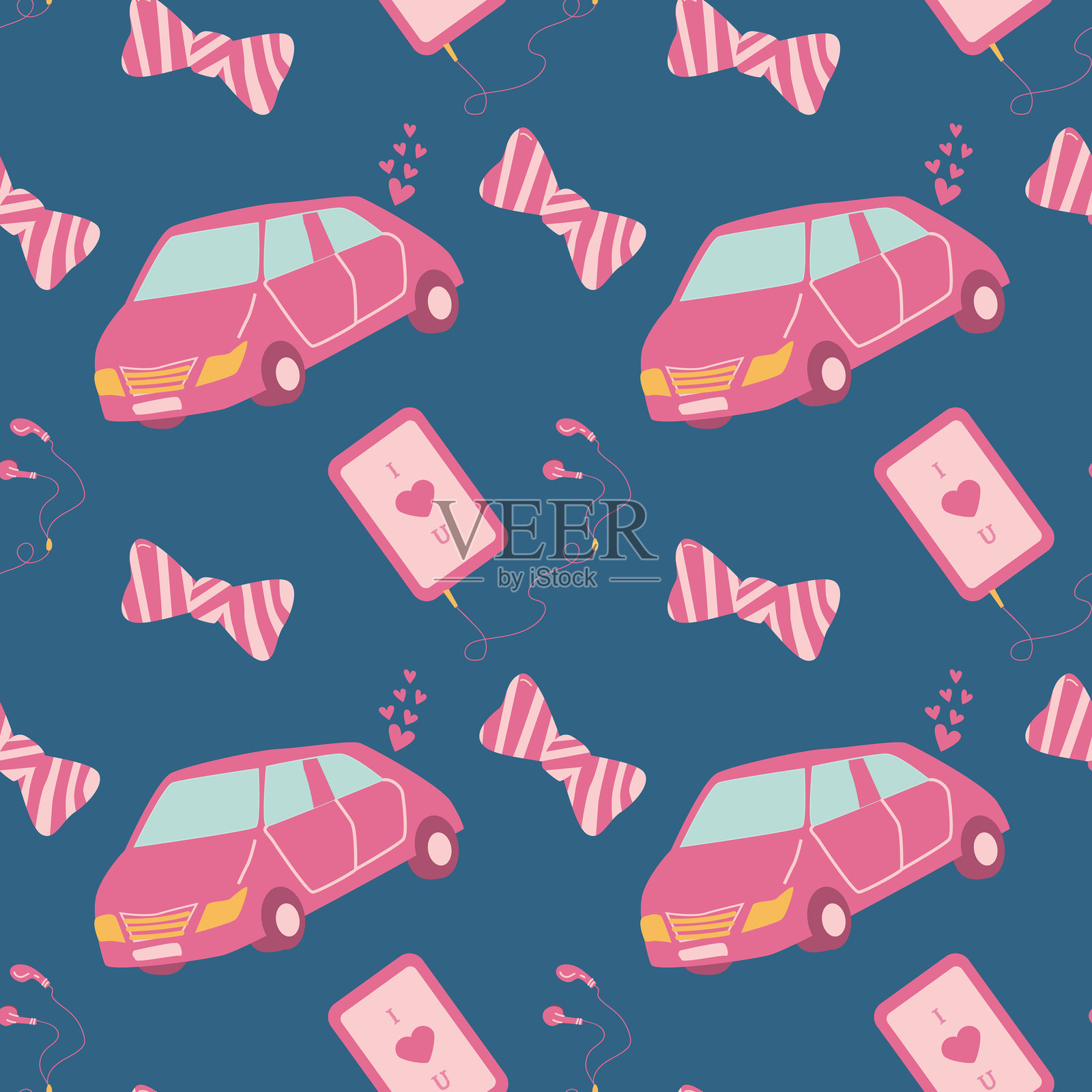 儿童设计用的蓝色背景上有俏皮的粉色汽车、电话和蝴蝶结图案插画图片素材