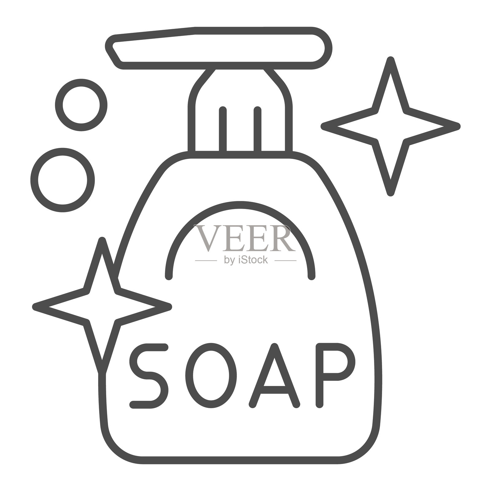 液体肥皂瓶细线图标，洗手概念。矢量图形。白色背景上的洗涤剂光亮瓶标志，适用于移动或网页设计的轮廓风格图标。插画图片素材