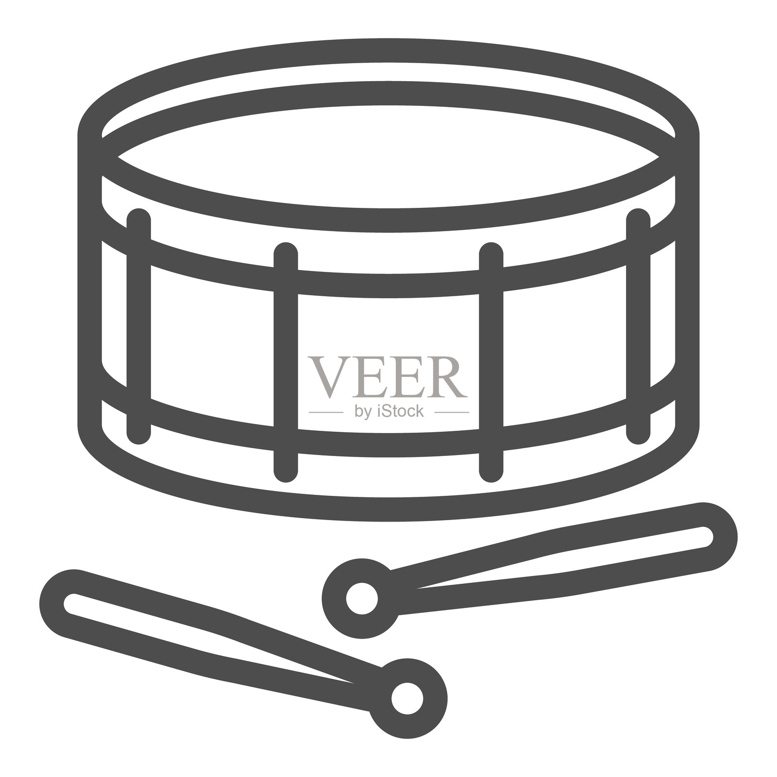 小号鼓和鼓棒线条图标，音乐乐器概念。矢量图形。白色背景上的鼓标志，适用于移动或网页设计的轮廓风格图标。插画图片素材