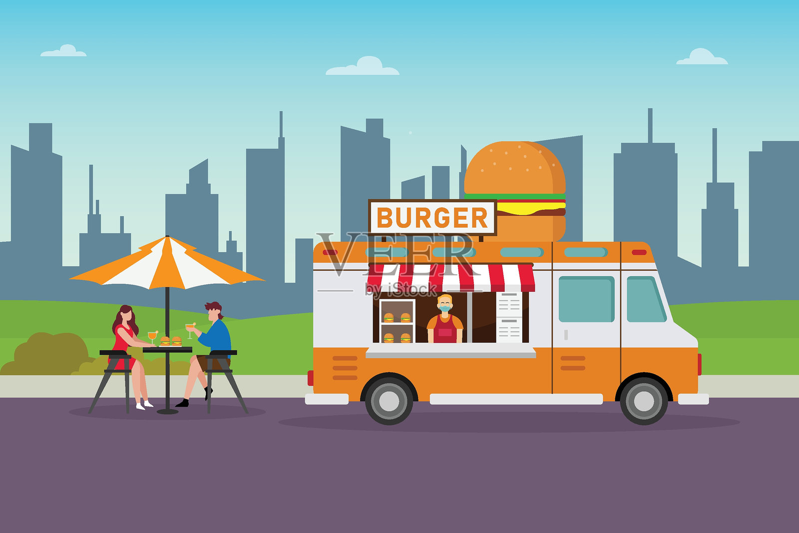 城市公园环境中售卖汉堡的食品车户外用餐2D平面矢量插图插画图片素材