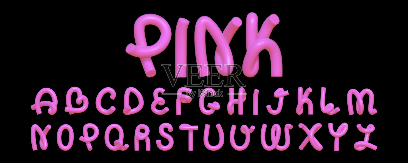 弯曲橡胶软管形状的3D字体。一组具有反光质感的创意3D英文字母，鲜艳的粉红色。插画图片素材