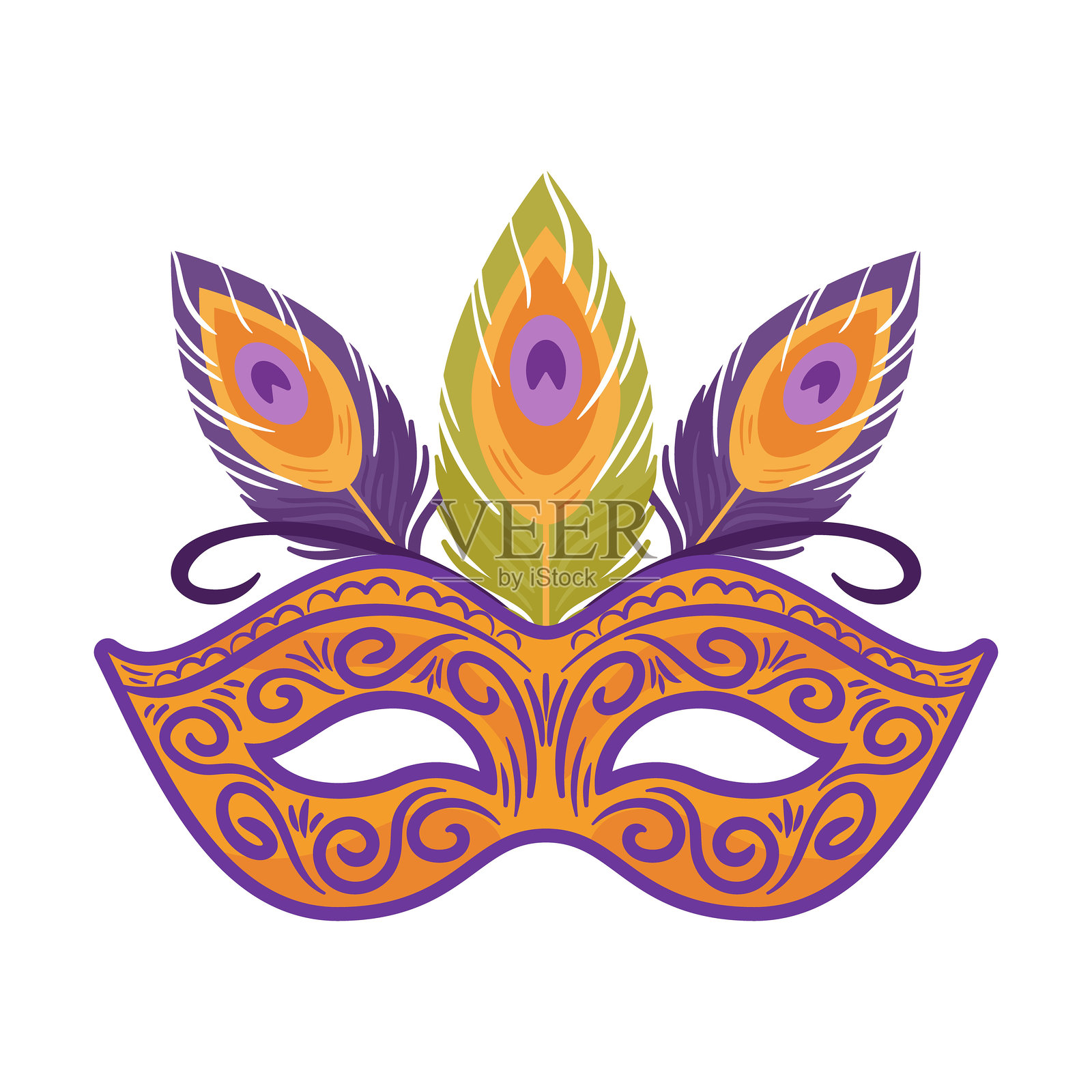 一款色彩斑斓的金色威尼斯狂欢节面具，装饰着五彩斑斓的孔雀羽毛，将为您的狂欢节庆祝活动增添光彩。平面风格的矢量插图，适用于贴纸、明信片和设计元素。插画图片素材