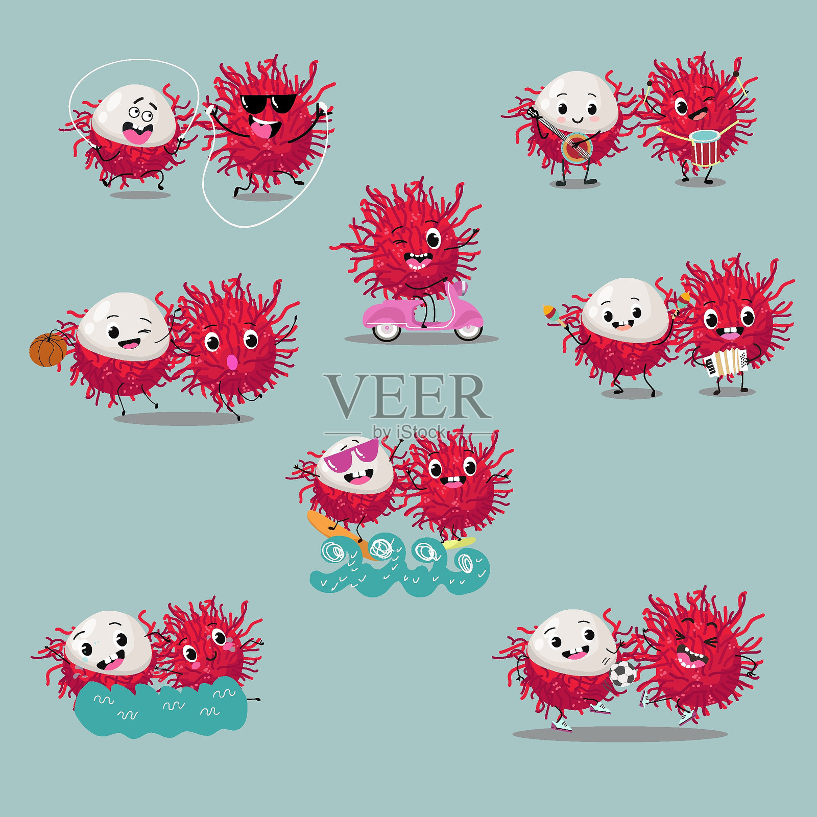 可爱的红毛丹水果幽默快乐角色组合。矢量手绘插图。插画图片素材