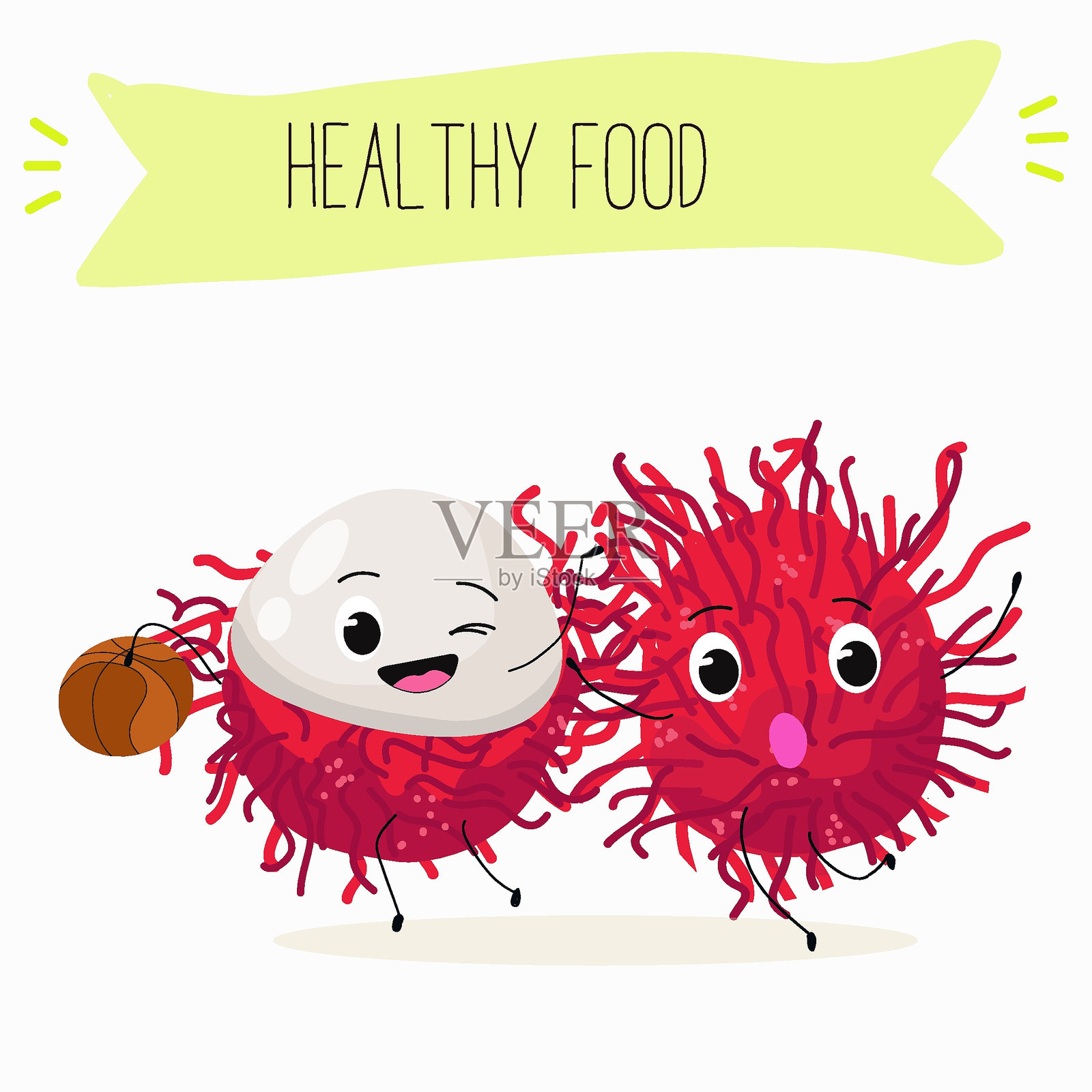 可爱的幽默愉快的红毛丹水果角色。手绘插图。插画图片素材