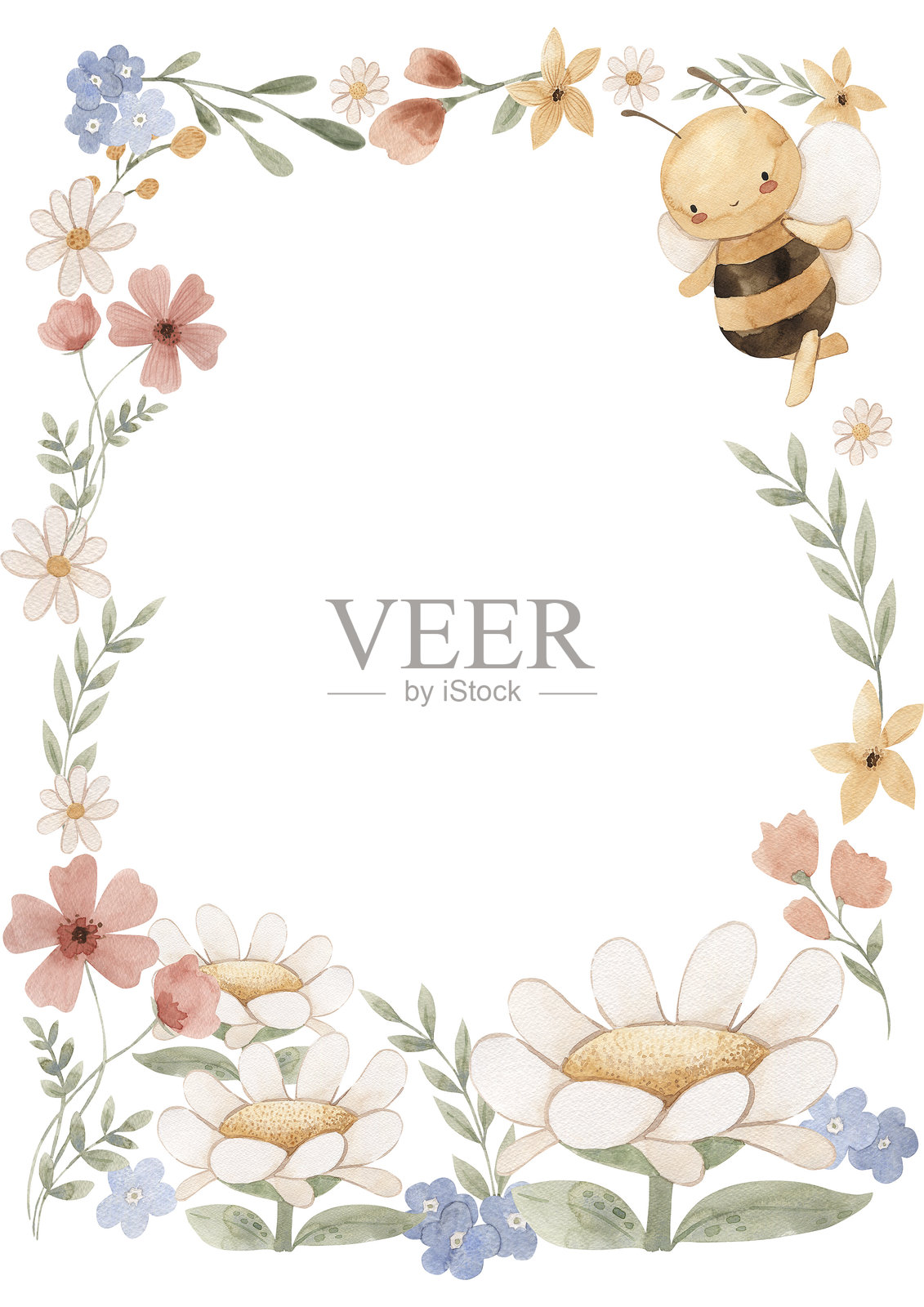 水彩花卉和蜜蜂模板，适用于幼儿园、宝宝派对、生日派对邀请函插画图片素材