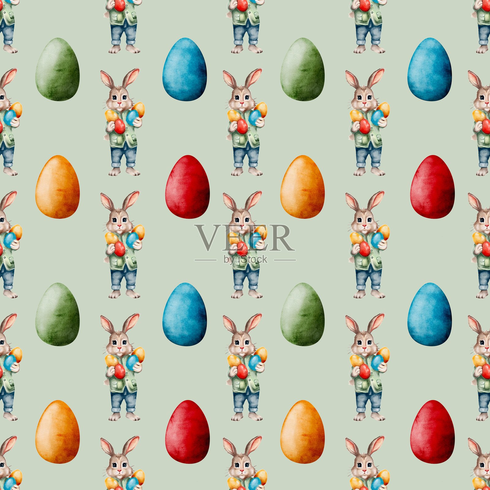 五彩缤纷的复活节兔子图案，配有各种装饰精美的彩蛋。插画图片素材