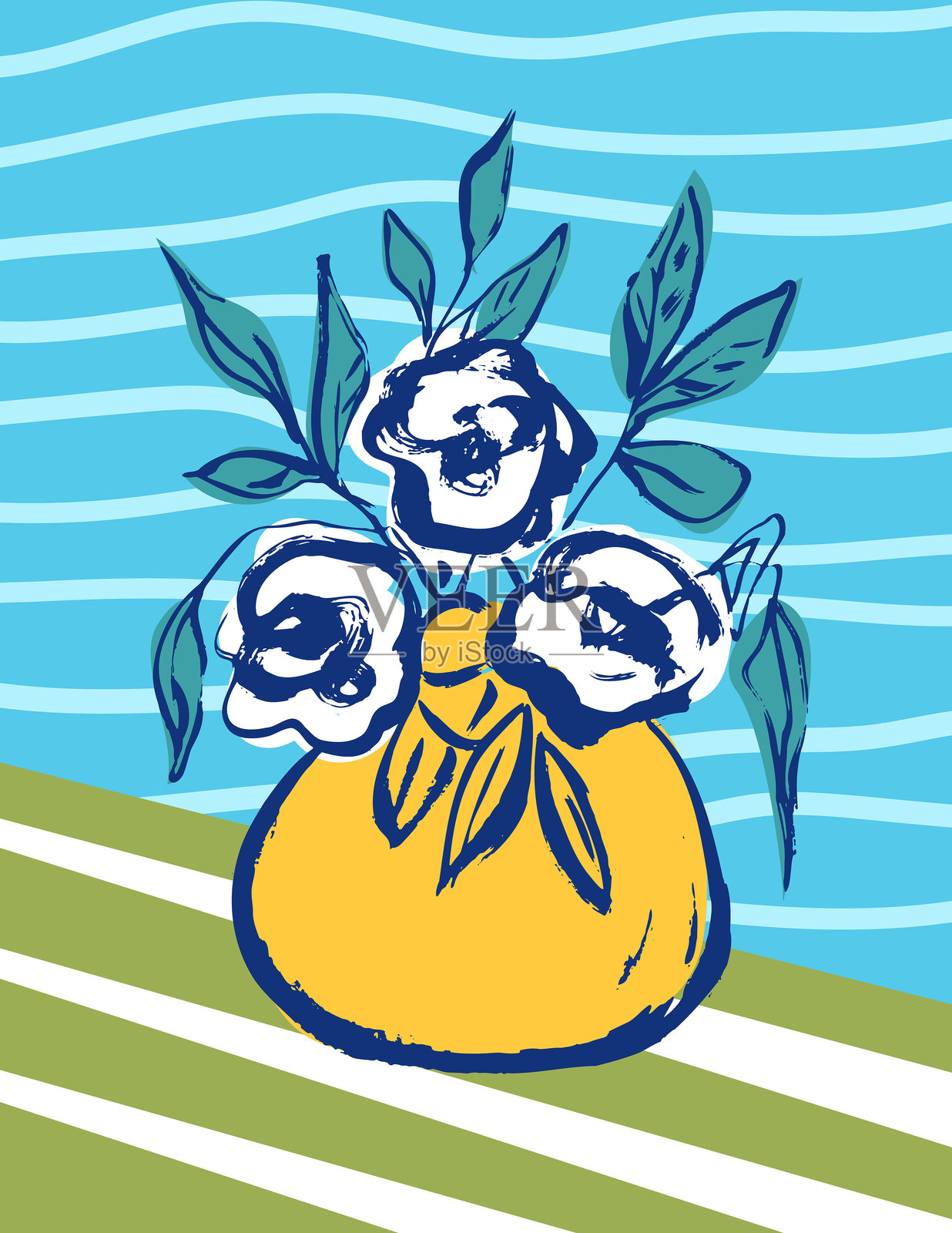 抽象墨水花卉插图在花瓶中插画图片素材