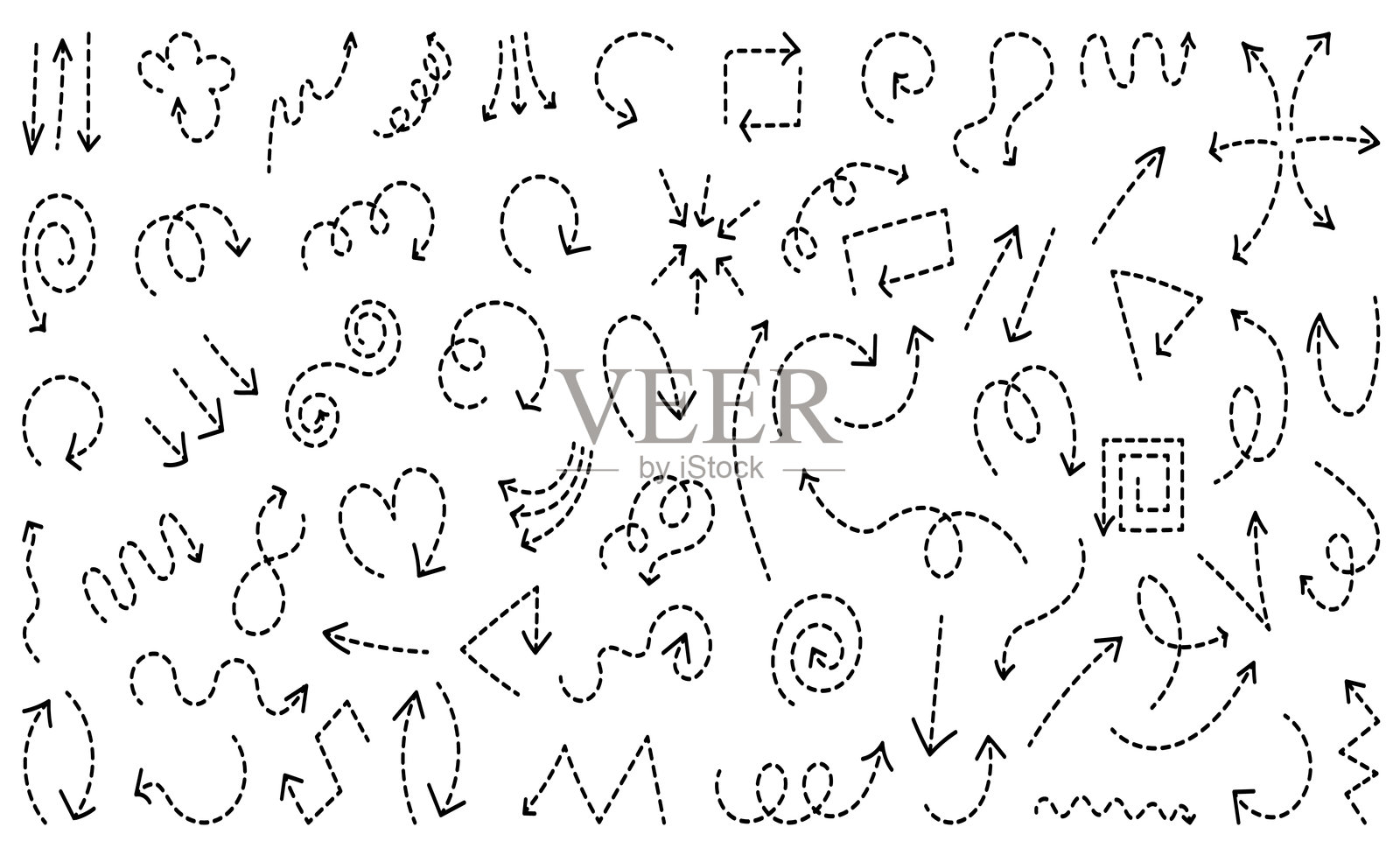 设置虚线箭头。曲线指示器集合。锯齿状条纹设计。矢量插图。插画图片素材
