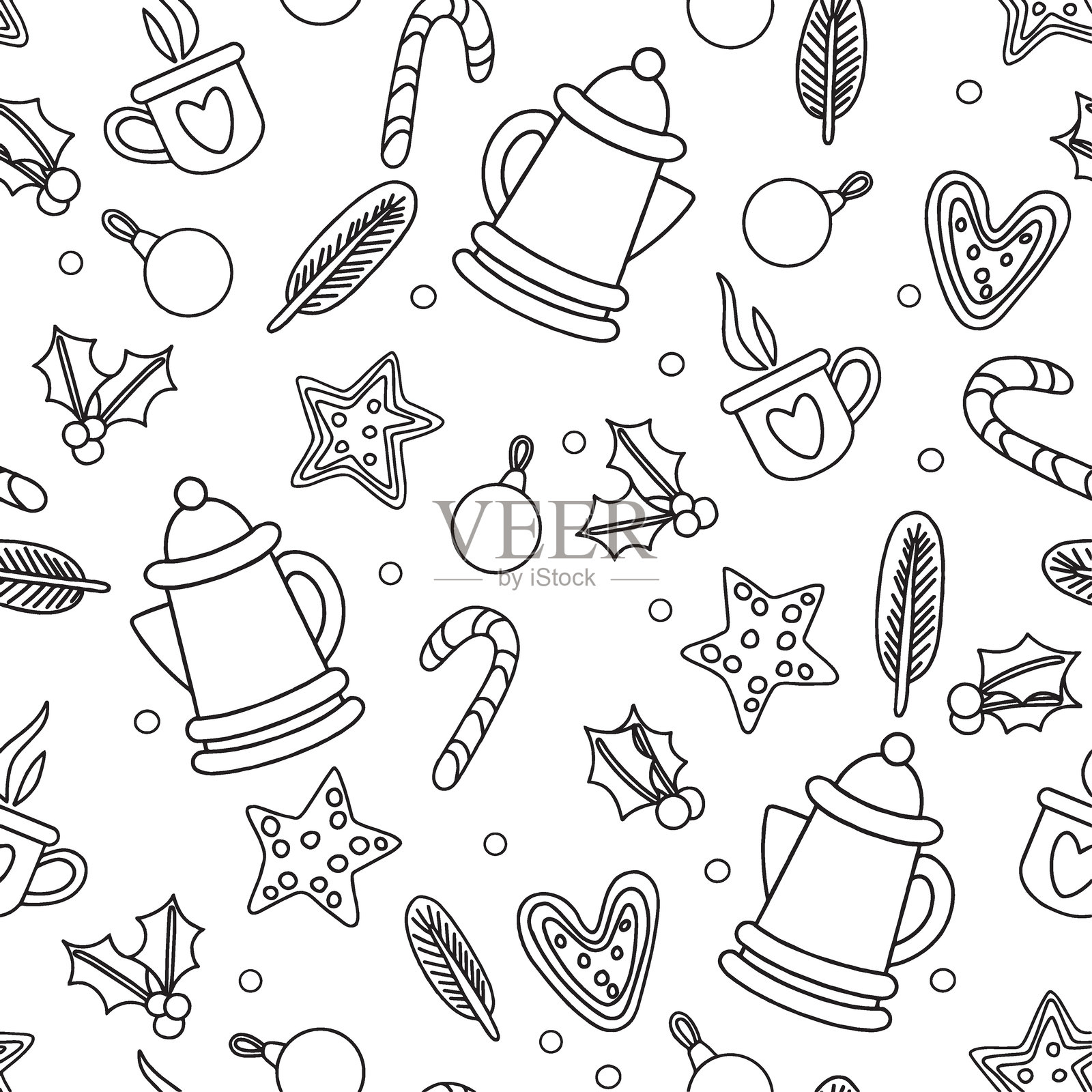 可爱的姜饼人、热巧克力和糖果的无缝圣诞图案。涂色书。插画图片素材