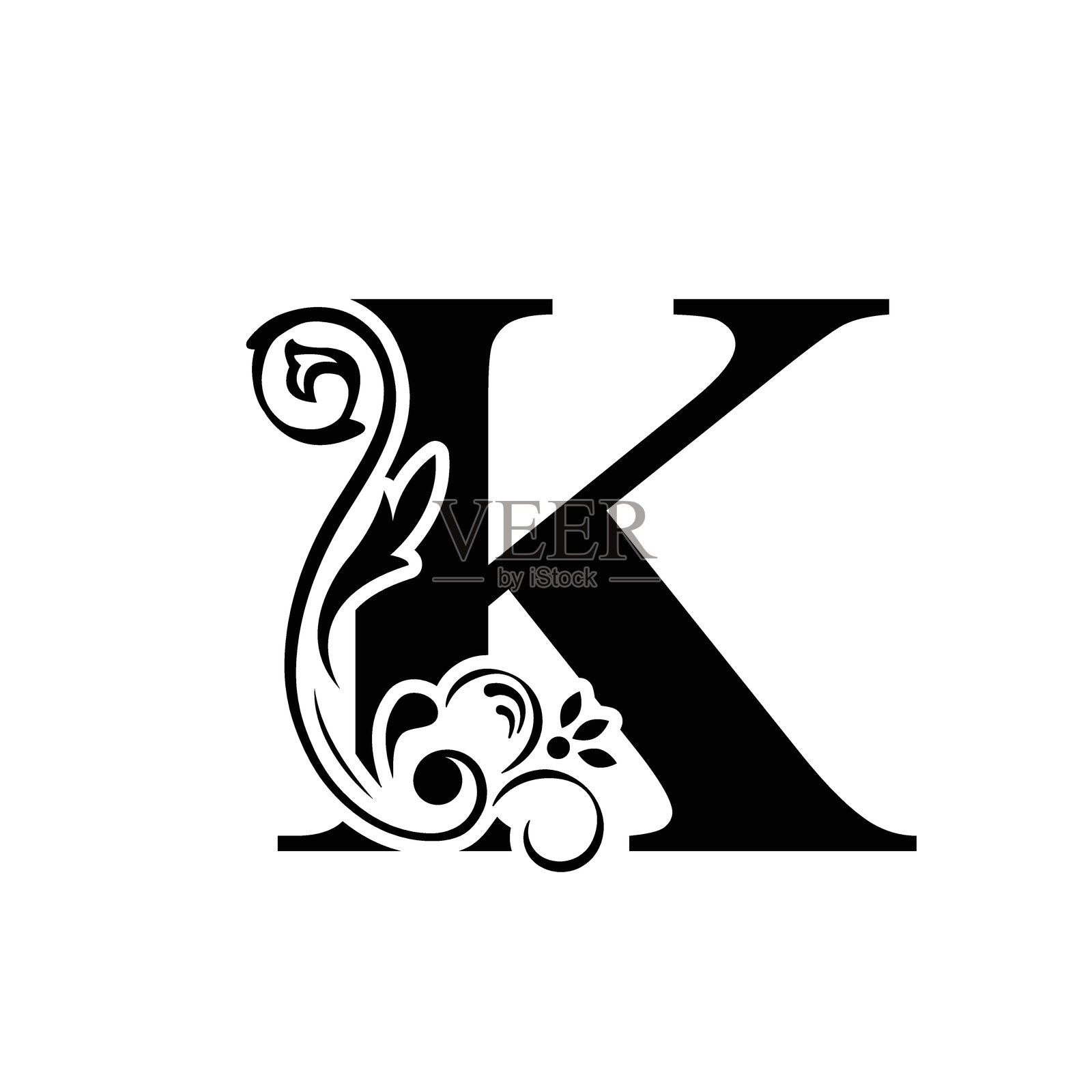 字母K。黑色花朵字母表。美丽的大写字母。插画图片素材