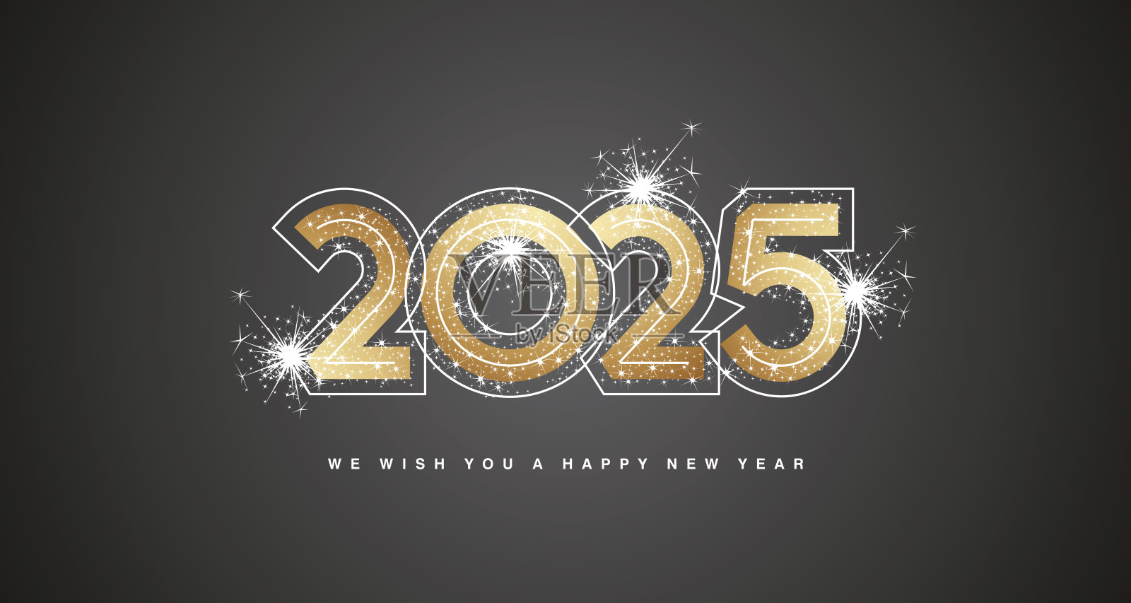 祝您2025年新年快乐，现代金色时尚粗体数字，带有霓虹线条和闪烁的烟花，抽象的金白黑色贺卡。插画图片素材