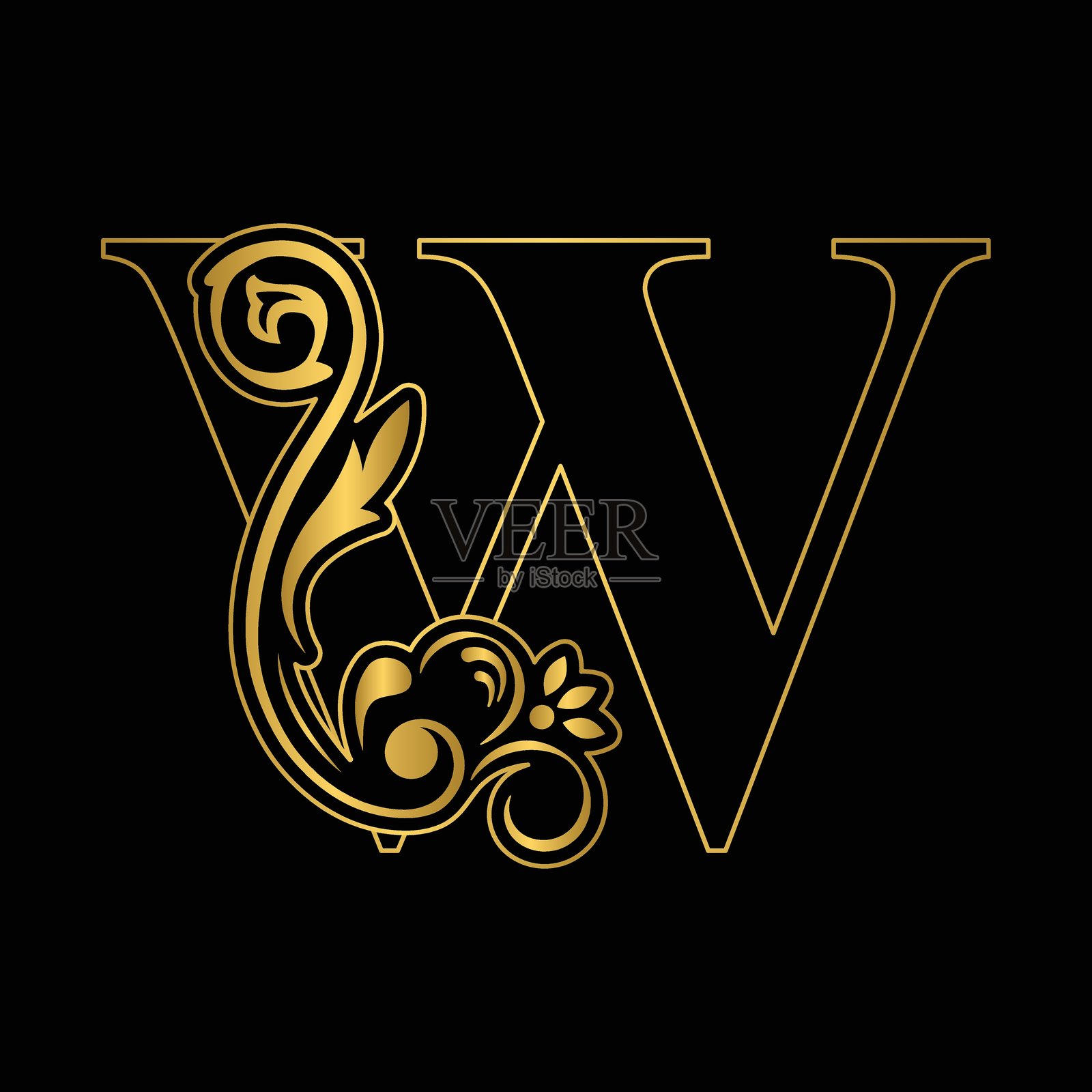 金色字母W复古金色花卉装饰字母。字母表。标志矢量图。插画图片素材