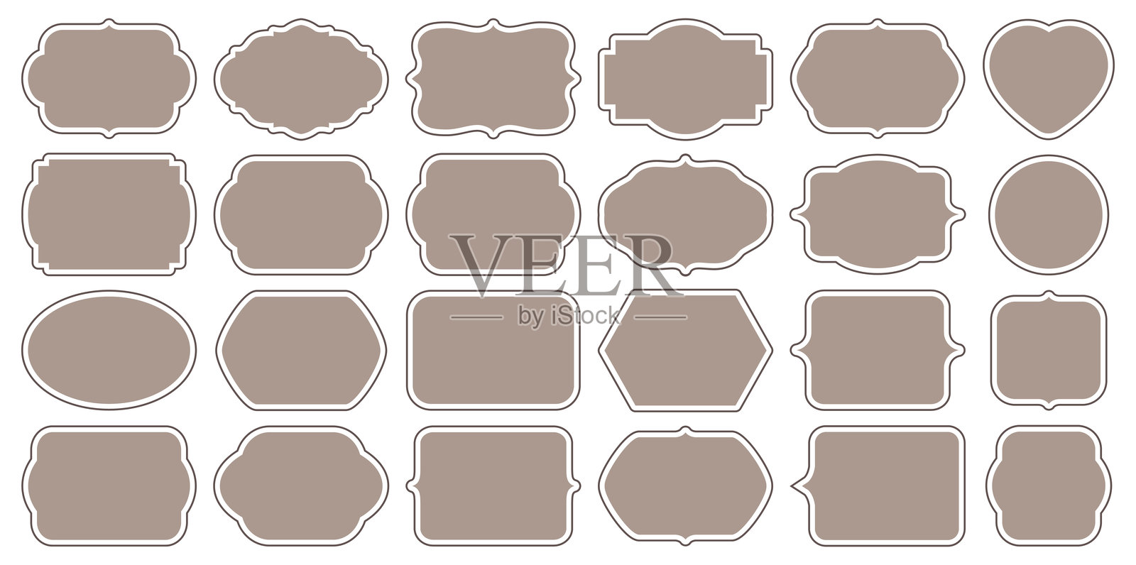 米色贴纸，装饰框架。普罗旺斯风格的古董框架，复古标签的集合，皇家婚礼，出售的贴纸或邀请卡。孤立的矢量符号。简单的米色标签集合。插画图片素材