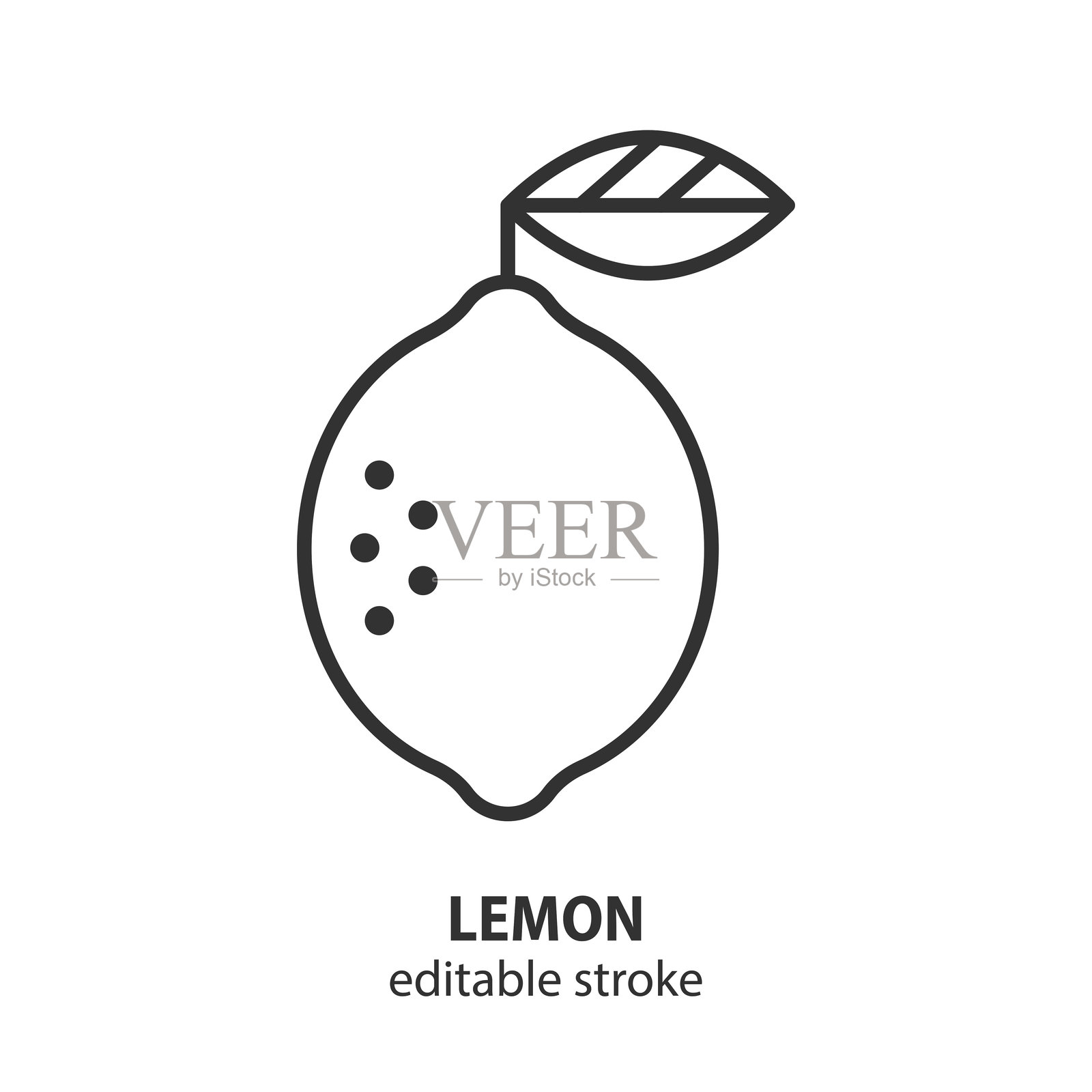 带叶子的柠檬线条图标。柑橘类水果符号。可编辑的线条。矢量插图。插画图片素材