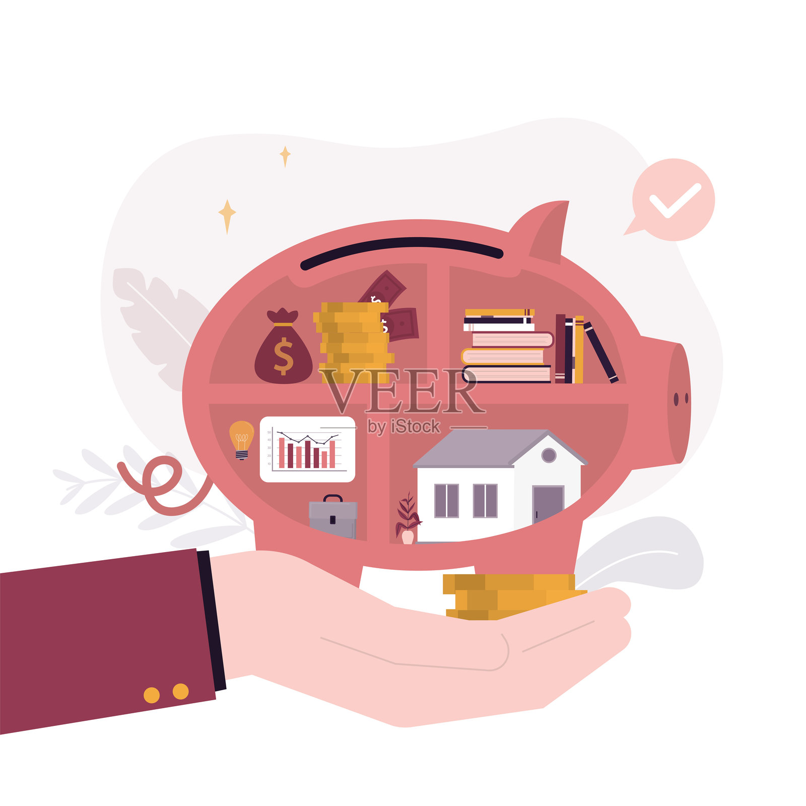 人手握着储蓄罐，存钱概念。资金管理，商业。退休储蓄，用于各种目标的资本——汽车、教育或新房。插画图片素材