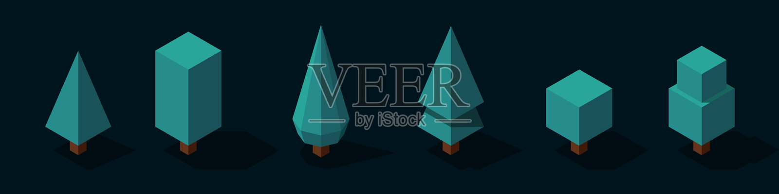 夜间等距矢量树木集合。树木等距元素。用于景观设计的等距树木元素。公园元素集合。插画图片素材