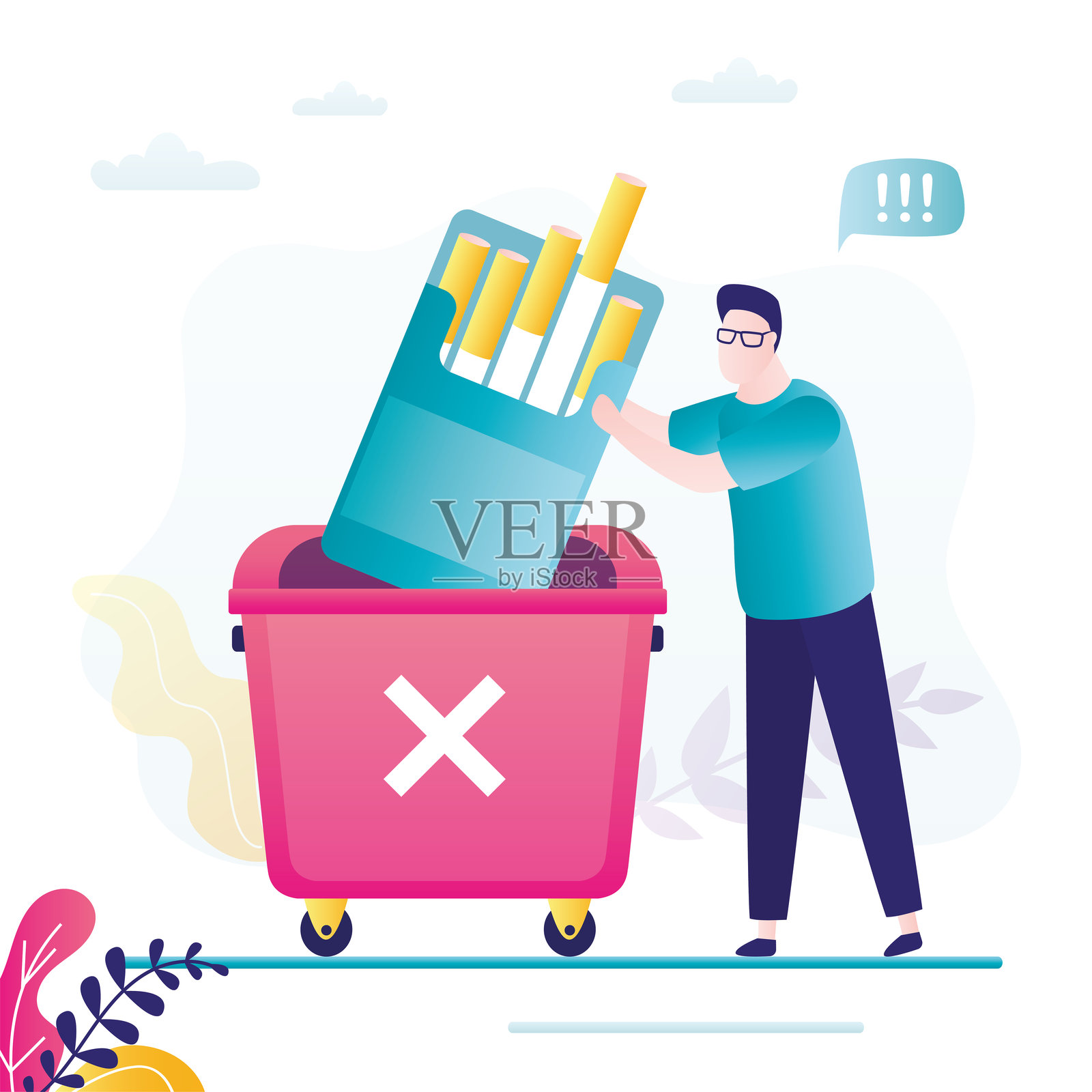 戒烟，尼古丁成瘾，不健康的习惯。吸烟者将香烟包装扔进垃圾桶，戒烟。健康生活方式的概念。插画图片素材