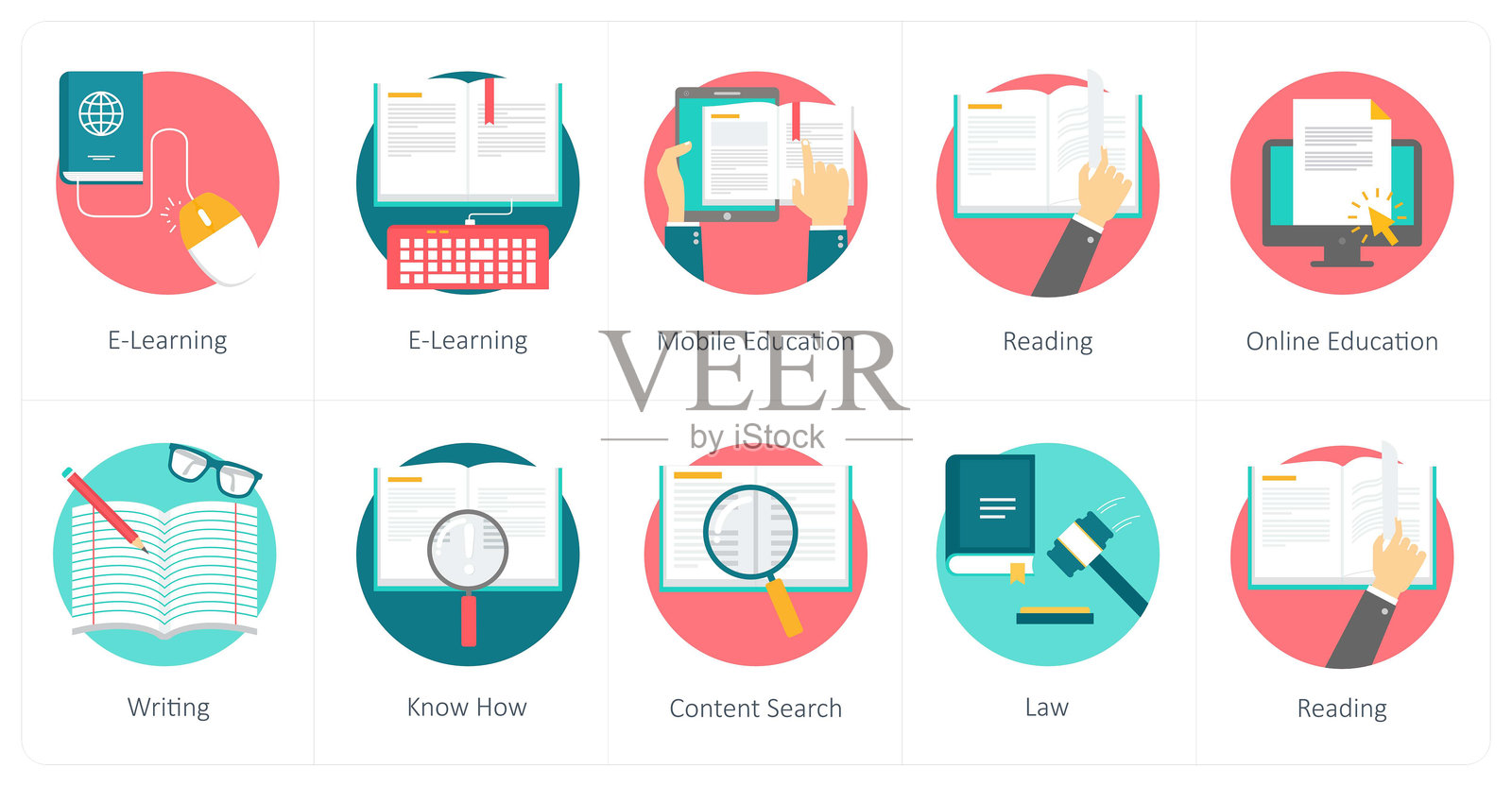 一组10个教育图标，包括电子学习、移动教育和阅读。插画图片素材