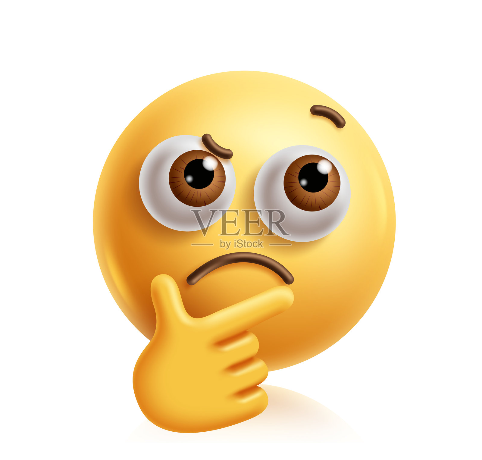 困惑的表情符号剪贴画 3D 角色。思考的表情，手势，严肃，皱眉，好奇，疑惑和怀疑的面部表情，黄色图形元素。插画图片素材