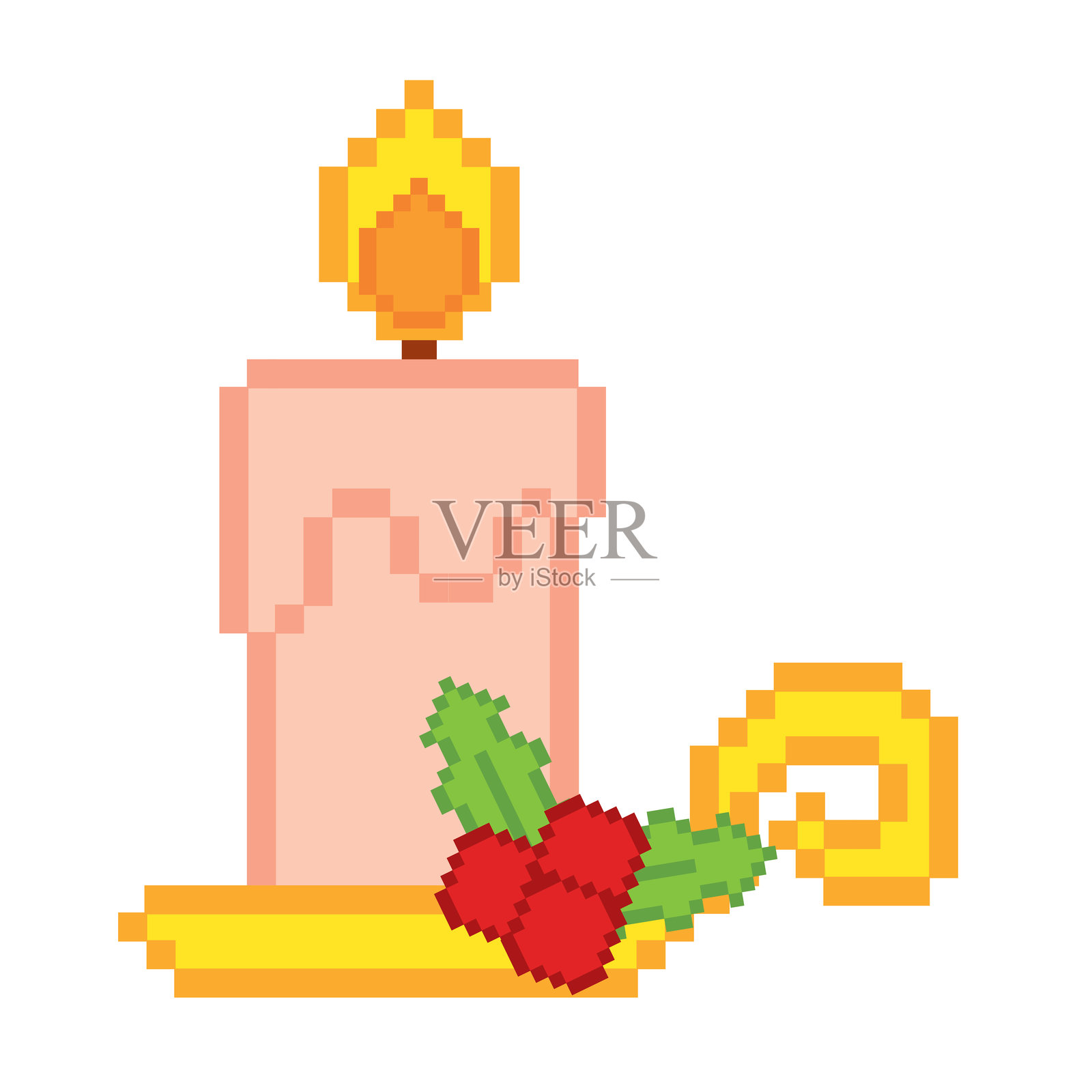 像素艺术圣诞蜡烛与冬青装饰 矢量图插画图片素材