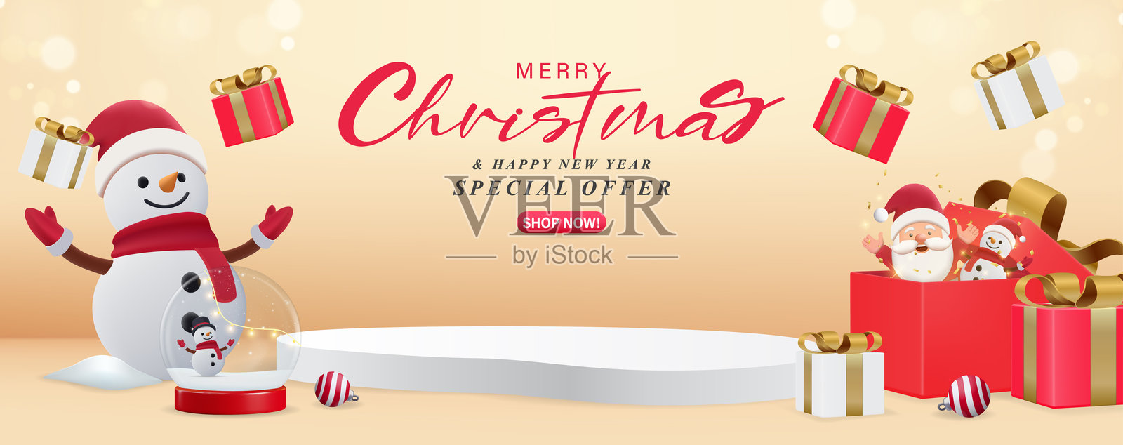 圣诞横幅模板，用于促销、宣传册、网页和海报，包含礼品盒和圣诞元素。冬季背景。矢量插图。插画图片素材