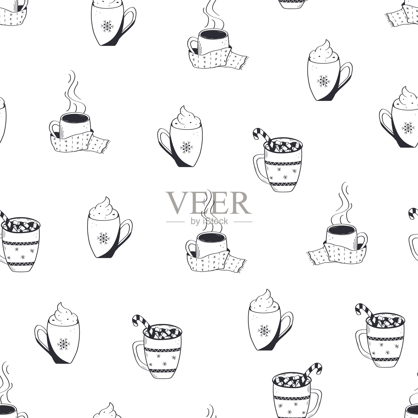 无缝图案圣诞热饮涂鸦风格。美味的可可配棉花糖、热巧克力、奶油咖啡或茶。插画图片素材